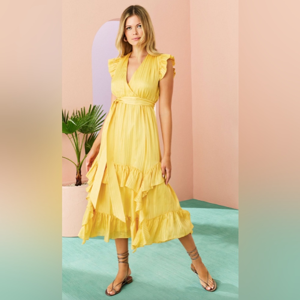 MARIE OLIVER Uma Dress Golden Yellow Silk Metallic Tiered Ruffled Midi Small